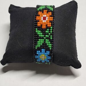 Loom Beaded Bracelet Cuff Black w/ Floral